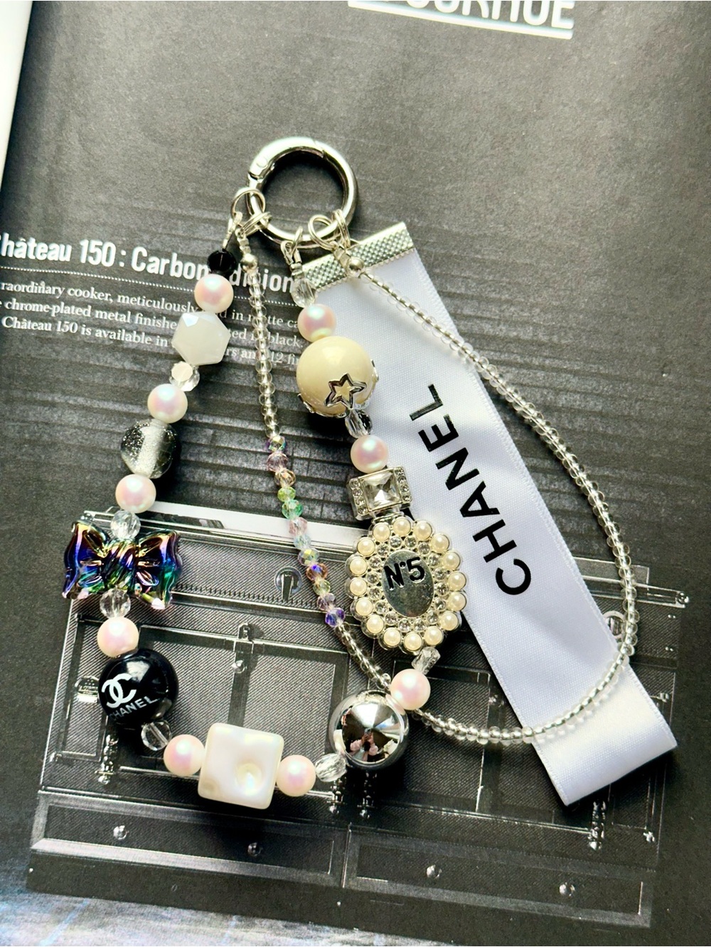 Authentic CC Camellia White, Silver & Black Pearl Perfume bottle No5 Bag Charm